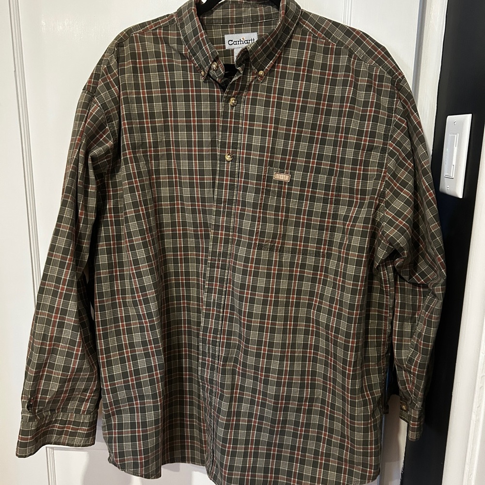 Carhartt Men's Casual Plaid Shirt - Olive and Burgundy